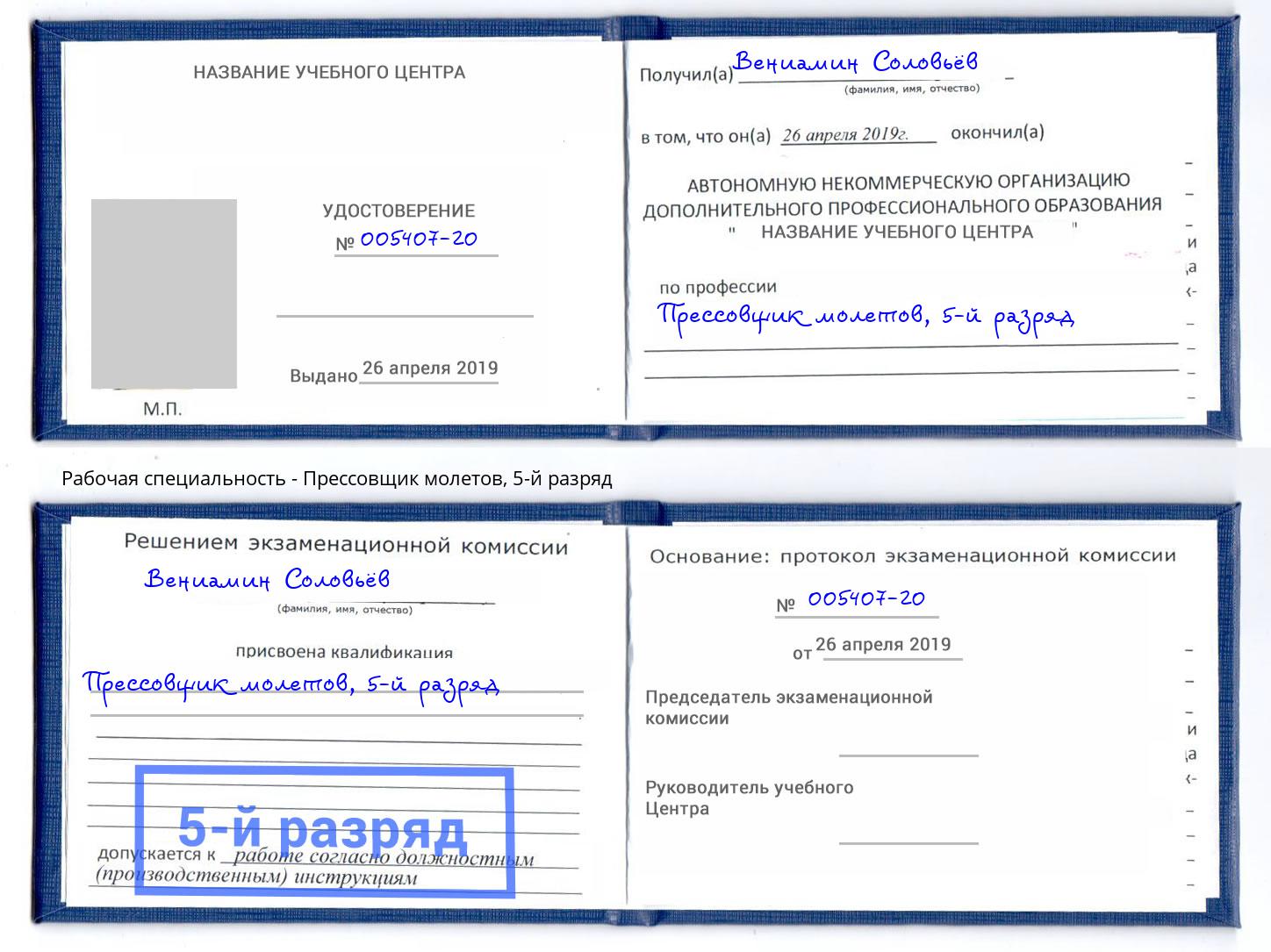 корочка 5-й разряд Прессовщик молетов Вологда