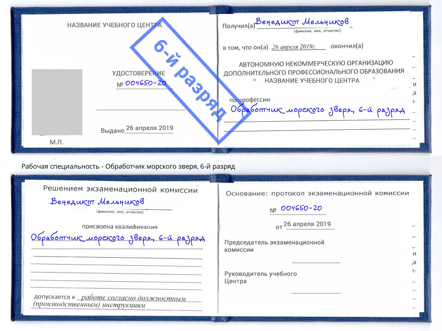 корочка 6-й разряд Обработчик морского зверя Вологда