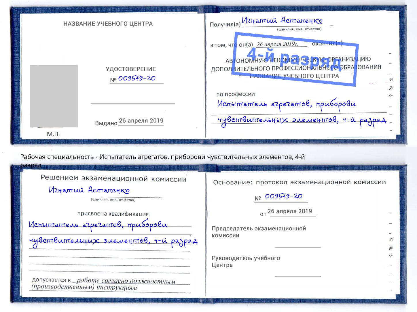 корочка 4-й разряд Испытатель агрегатов, приборови чувствительных элементов Вологда