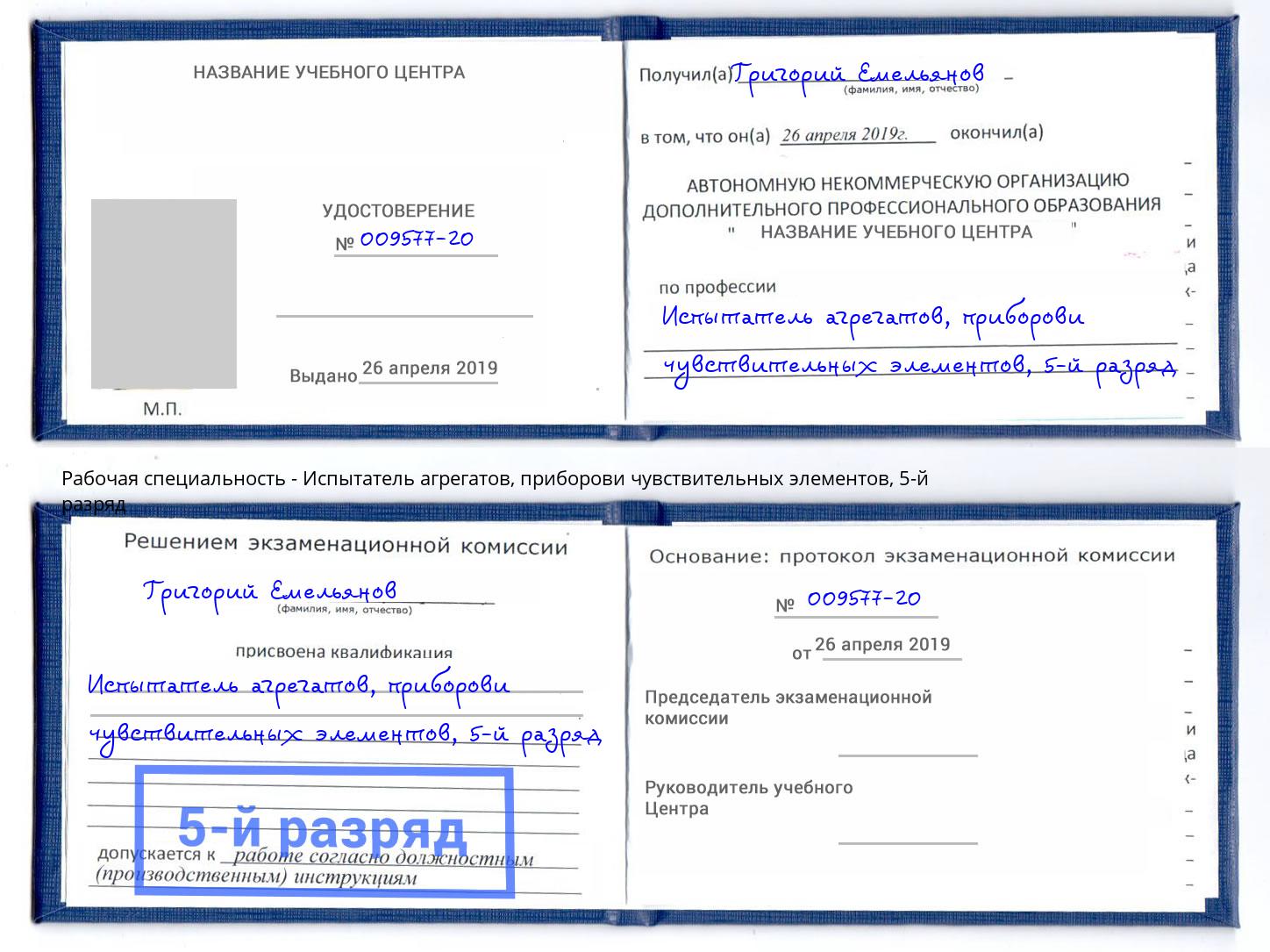 корочка 5-й разряд Испытатель агрегатов, приборови чувствительных элементов Вологда