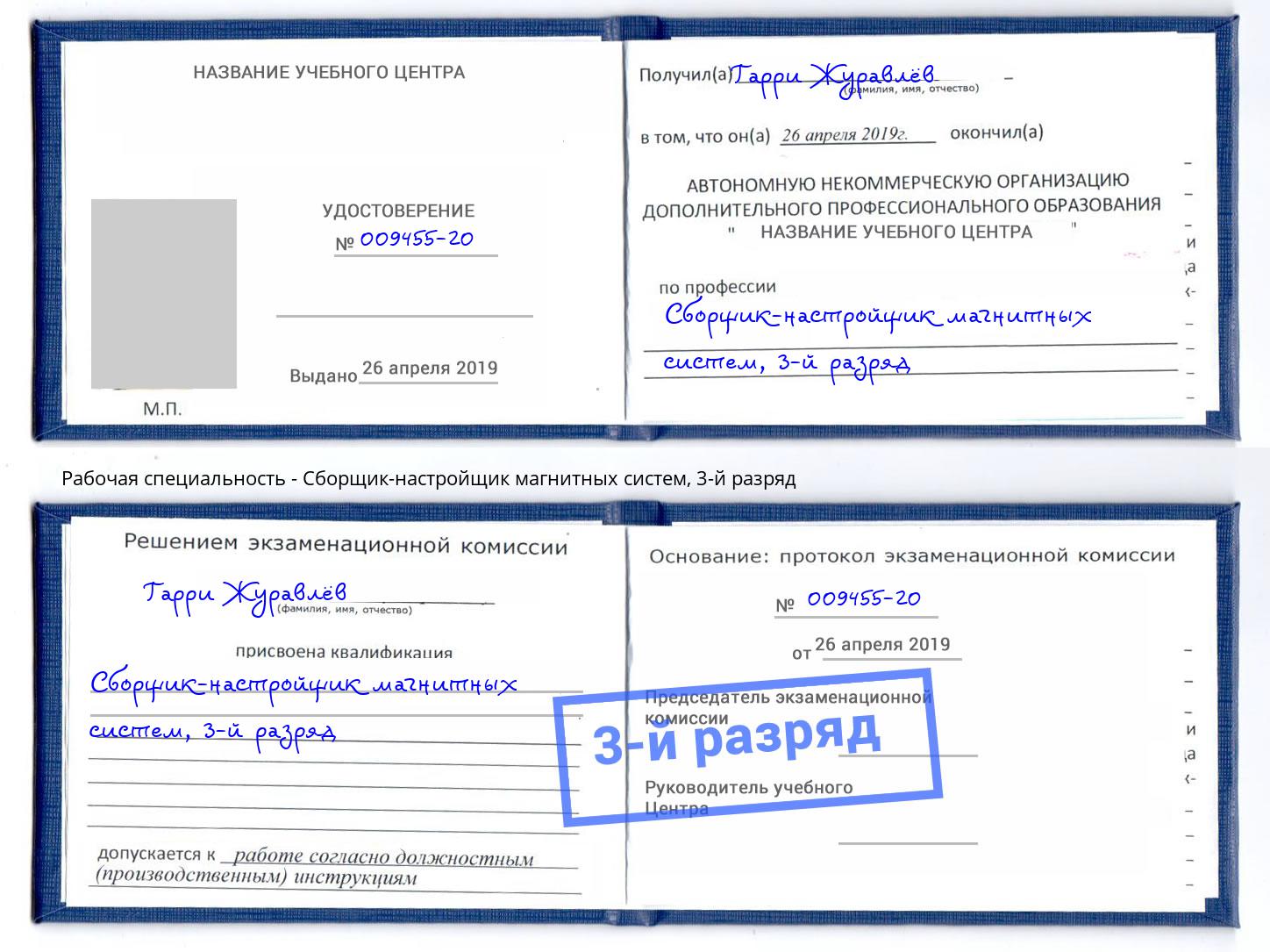 корочка 3-й разряд Сборщик-настройщик магнитных систем Вологда