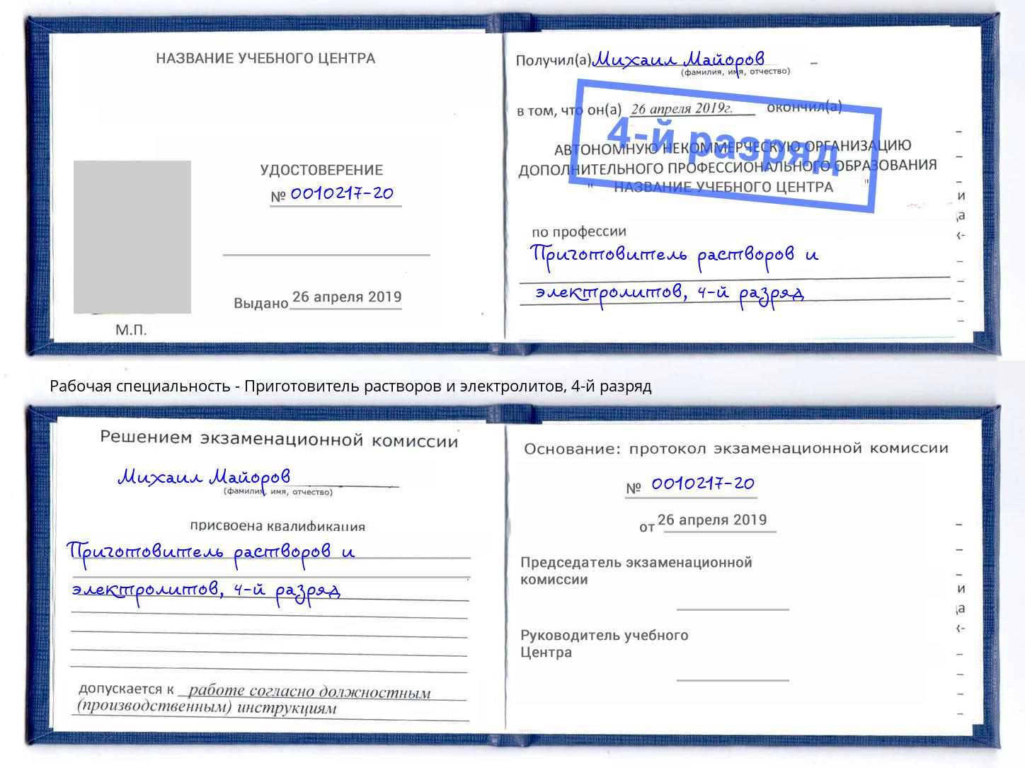 корочка 4-й разряд Приготовитель растворов и электролитов Вологда