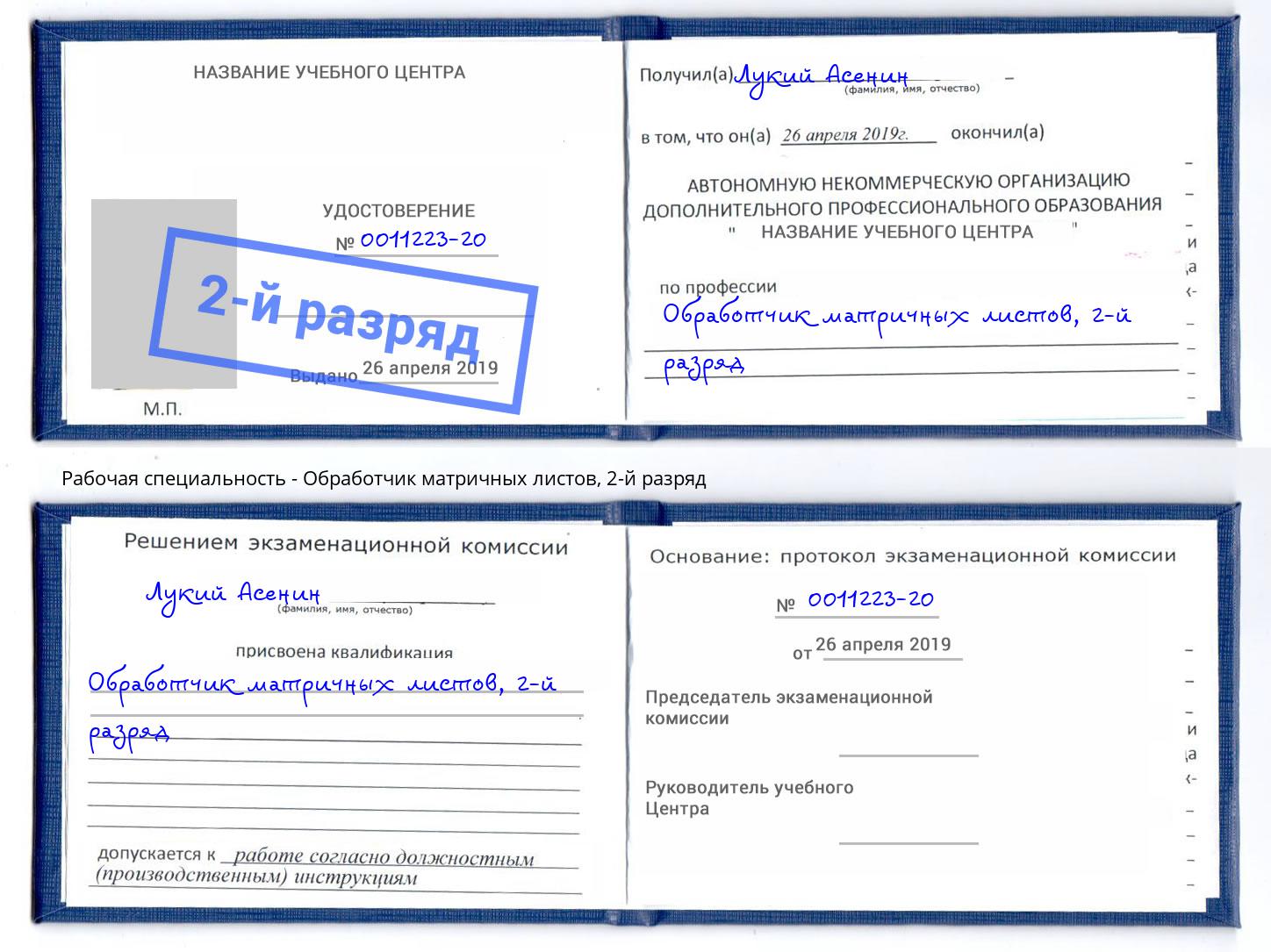 корочка 2-й разряд Обработчик матричных листов Вологда