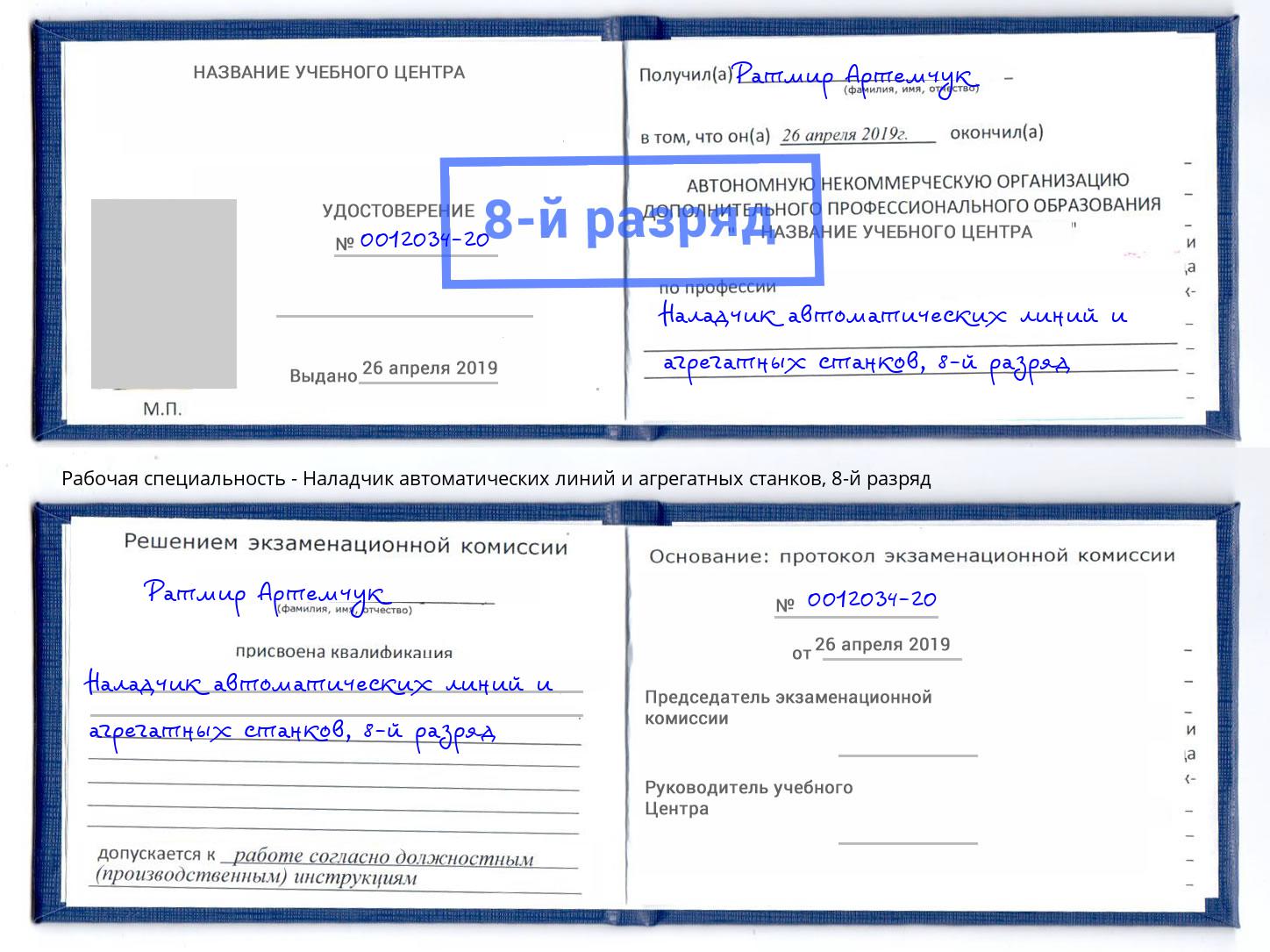 корочка 8-й разряд Наладчик автоматических линий и агрегатных станков Вологда